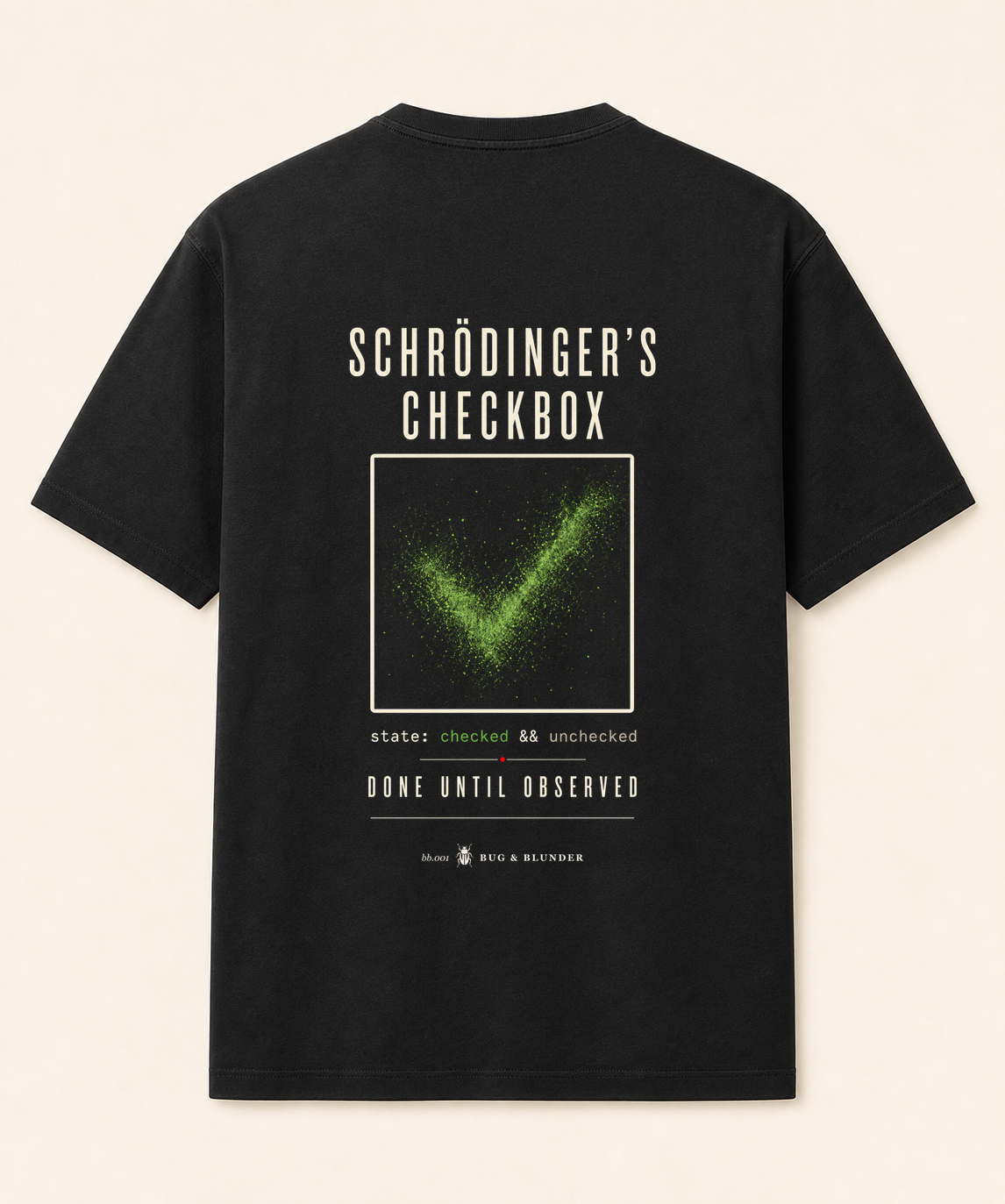Back view of the black BB-001 Schrödinger's Checkbox tee showing the complete main artwork.
