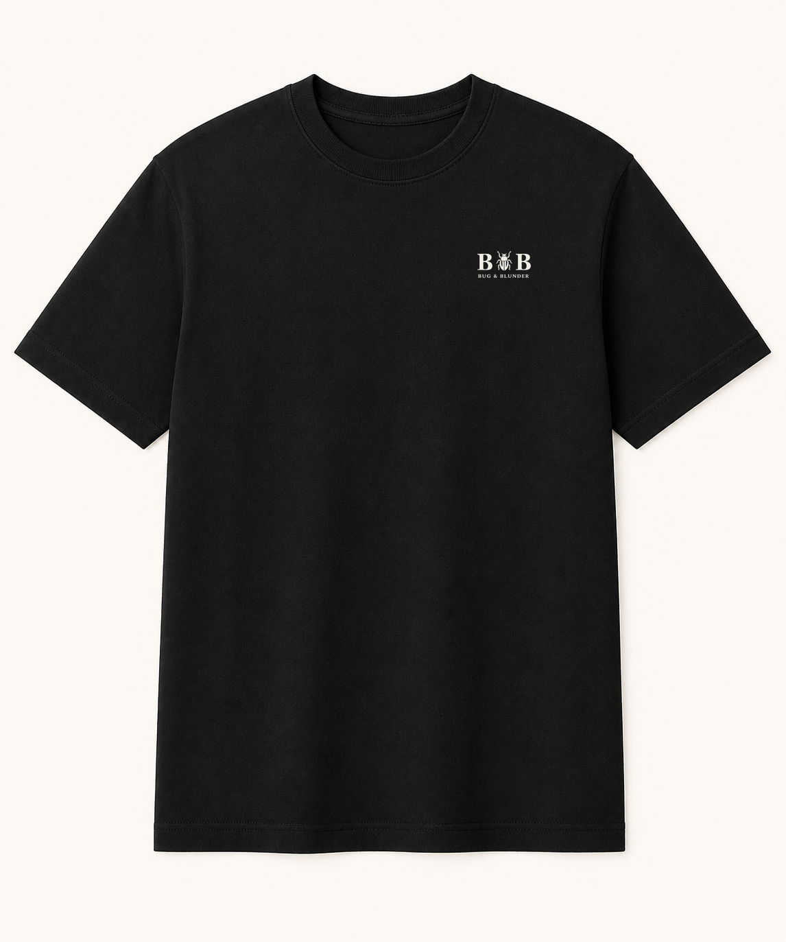 Front view of the black BB-001 Schrödinger's Checkbox tee with the small Bug & Blunder chest signature.