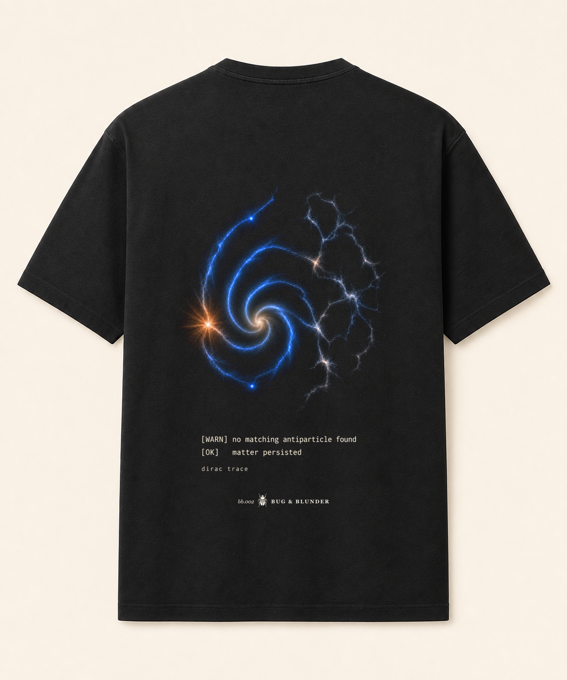 Back view of the black BB-002 No Matching Antiparticle Found tee showing the complete main artwork.